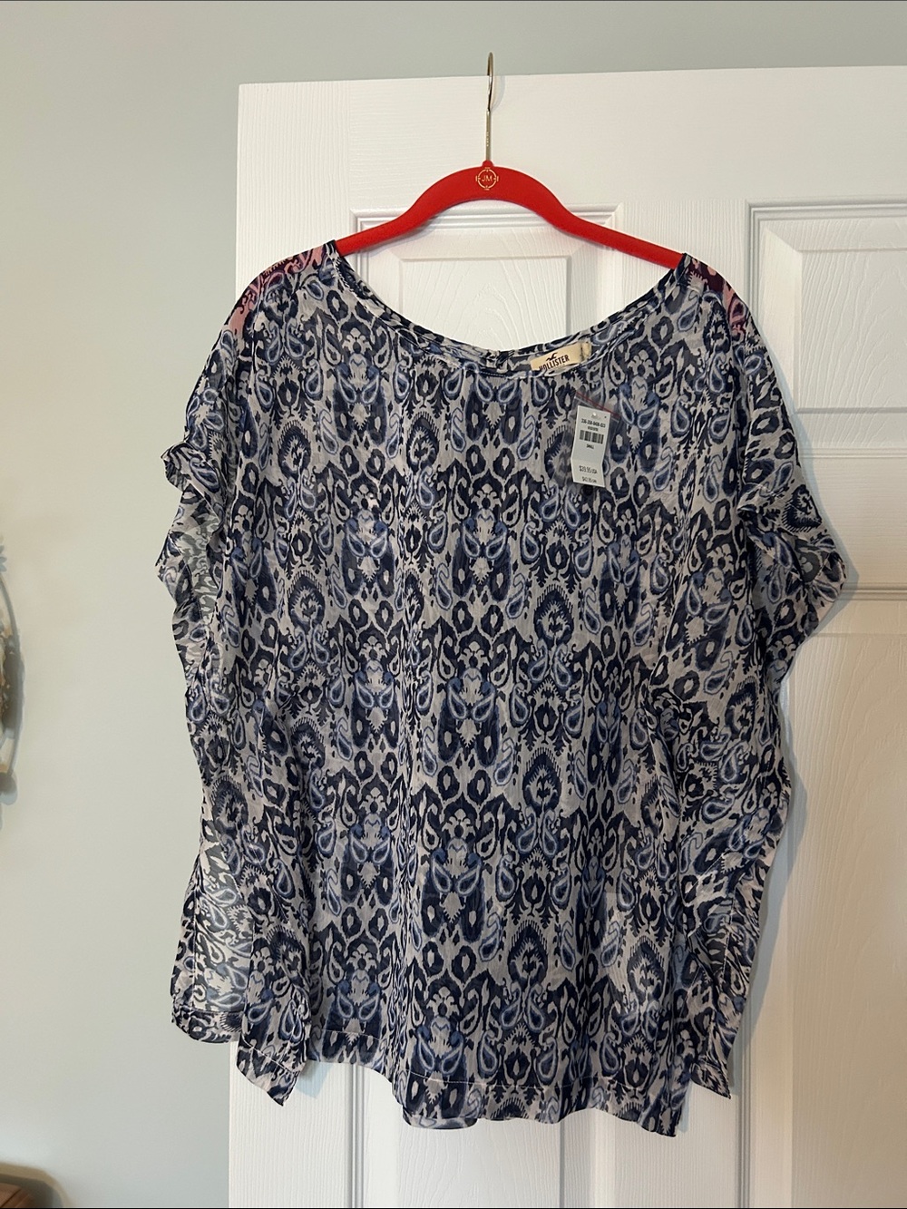 NWT Hollister sheer blouse with blue and white bohemian paisley pattern